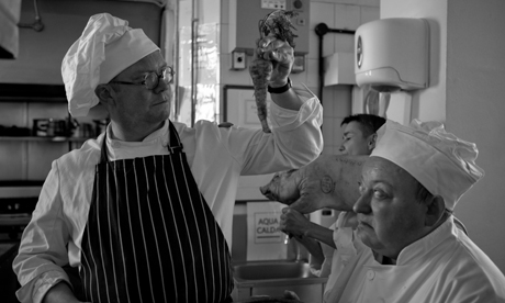 The Pizza Miracle: Ferguson Henderson of St John restaurant, artist Oona Grimes (with pig) and performance artist Laurence Harvey. Produced by Mike Elliott Photo: Rupert Lloyd Parry  